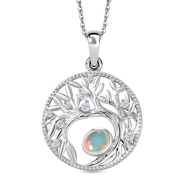 AA Natürlicher, äthiopischer Welo Opal, Weißer Zirkon Anhänger mit Kettte, ca. 50 cm 925 Silber Platiniert ca. 0.41 ct