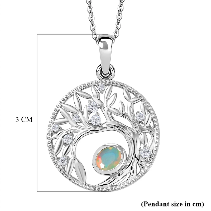 AA Natürlicher, äthiopischer Welo Opal, Weißer Zirkon Anhänger mit Kettte, ca. 50 cm 925 Silber Platiniert ca. 0.41 ct