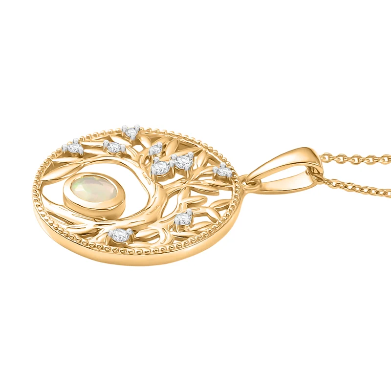 AA Natürlicher, äthiopischer Welo Opal, Weißer Zirkon Anhänger mit Kette, ca. 50 cm 925 Silber Gold, ca. 0.41 ct