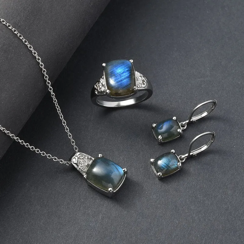 4er Set- AAA Labradorit Ohrringe, Anhänger mit Kette (ca. 50 cm) und Ring (Größe 19.00), Schmuckset, Reiner Edelstahl ca. 15.00 ct