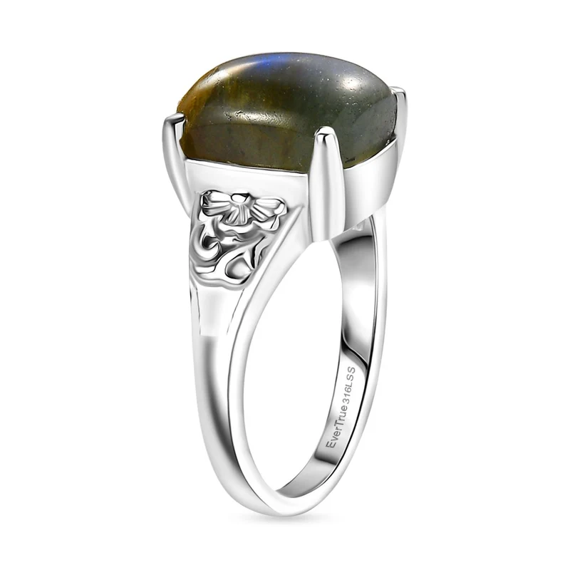4er Set- AAA Labradorit Ohrringe, Anhänger mit Kette (ca. 50 cm) und Ring (Größe 19.00), Schmuckset, Reiner Edelstahl ca. 15.00 ct