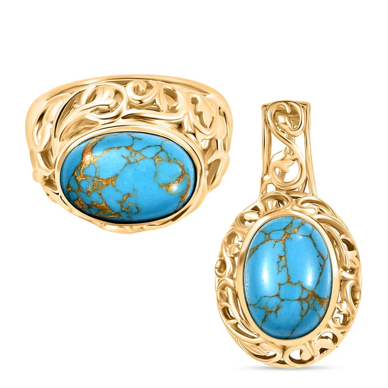 2er Set - Blauer Türkis Ring und Anhänger, (Größe 21.00), Nickelfreies Gelb Messing, (5-10 Werktage Lieferzeit) ca. 14.00 ct