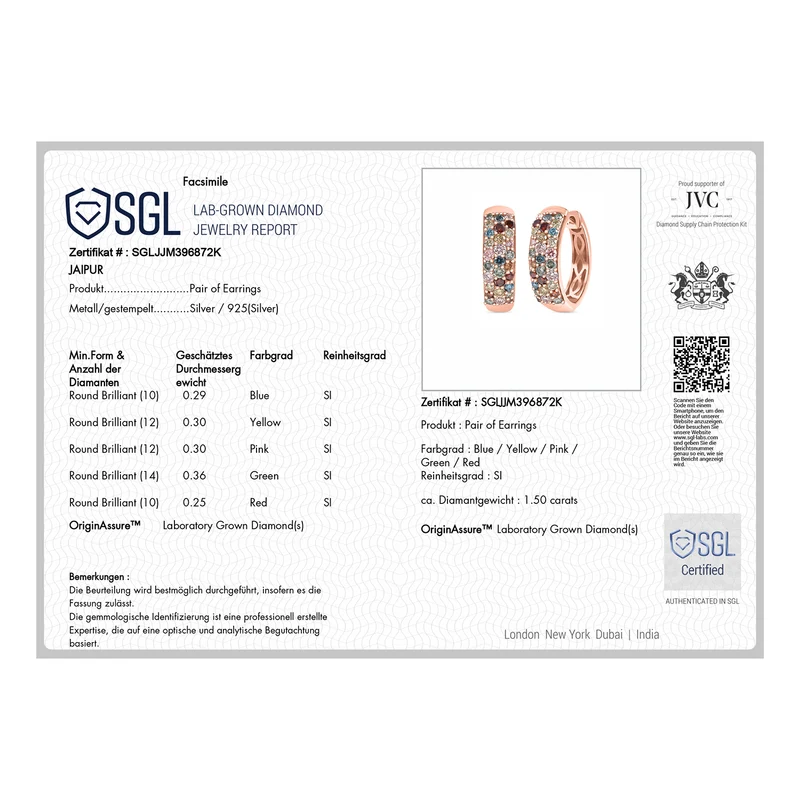 LUXURIANT 1,50 ct. SGL zertifizierte SI mehrfarbige Labor Diamant Diamant Ohrringe, 925 Silber 750 Roségold Vermeil