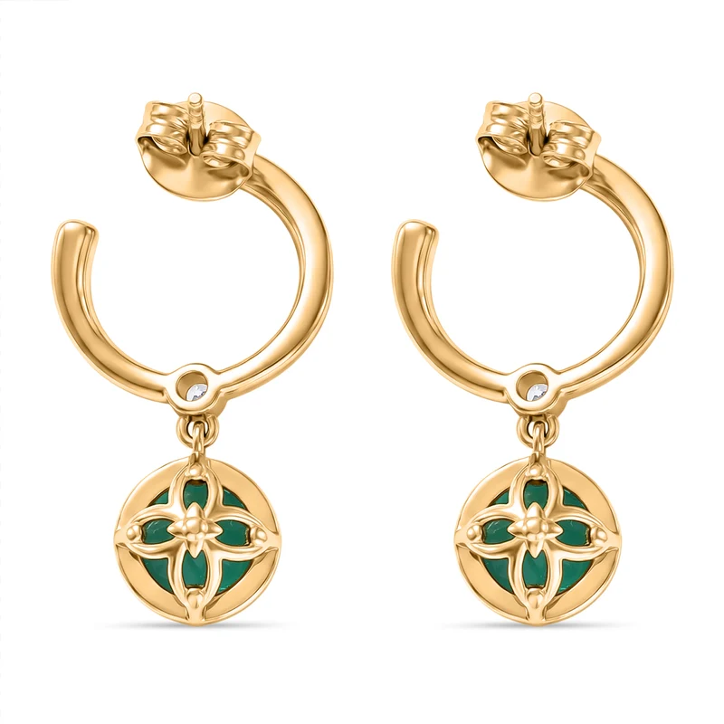 D'Joy Smaragd-Quarz Triplette, Weißer Zirkon Ohrringe 925 Silber 750 Gelb Vergoldet ca. 3,12 ct.