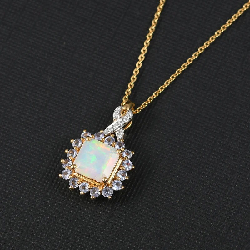 Opal Radiance - D joy Natürlicher, äthiopischer Welo Opal, Tansanit Starlit Anhänger mit Kette ca. 50 cm, 925 Silber 750 Gelbgold Vermeil ca. 1.63 ct