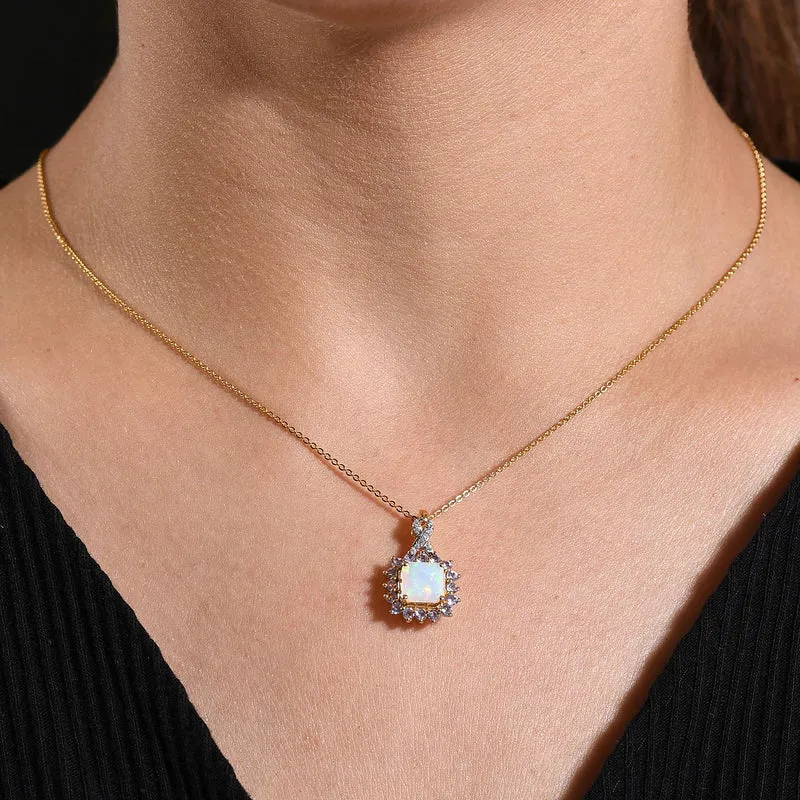 Opal Radiance - D joy Natürlicher, äthiopischer Welo Opal, Tansanit Starlit Anhänger mit Kette ca. 50 cm, 925 Silber 750 Gelbgold Vermeil ca. 1.63 ct