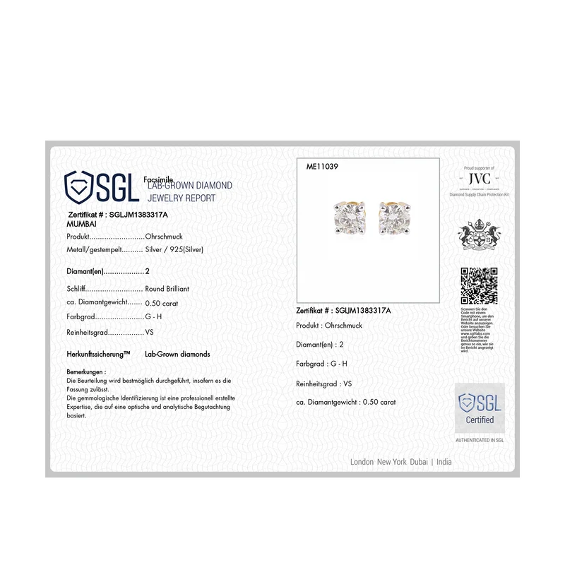 LUXURIANT 0,50 ct. SGL zertifizierte VS-GH Labor Diamant Ohrringe, 925 Silber rhodiniert