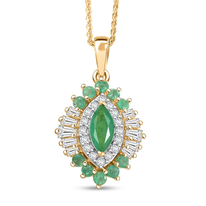 D'joy AAA Kagem Sambischer Smaragd, Moissanit Anhänger mit Kette, 925 Silber 750 Gelbgold Vermeil ca. 2.11 ct