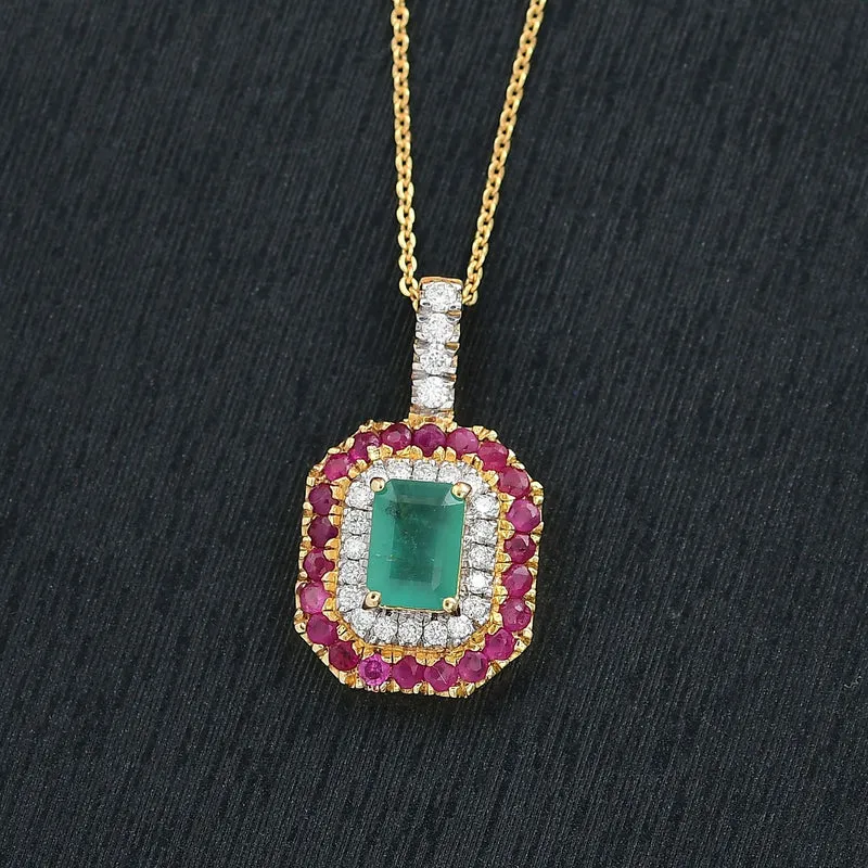 D'joy AAA Kagem Sambischer Smaragd, Moissanit Anhänger mit Kette, 925 Silber 750 Gelbgold Vermeil ca. 2.11 ct