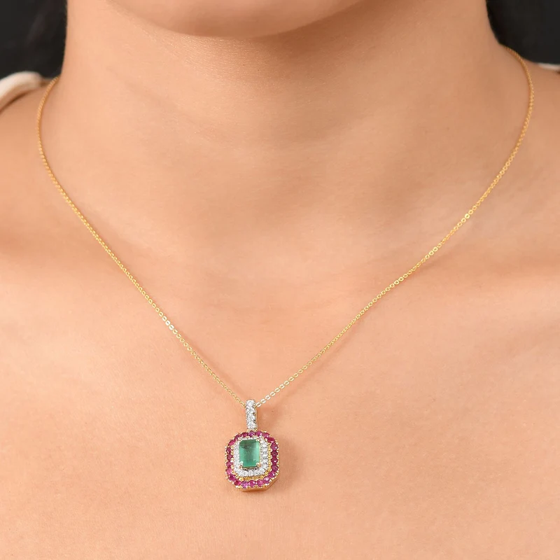 D'joy AAA Kagem Sambischer Smaragd, Moissanit Anhänger mit Kette, 925 Silber 750 Gelbgold Vermeil ca. 2.11 ct