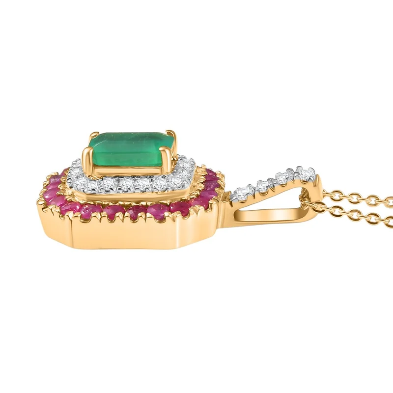 D'joy AAA Kagem Sambischer Smaragd, Moissanit Anhänger mit Kette, 925 Silber 750 Gelbgold Vermeil ca. 2.11 ct