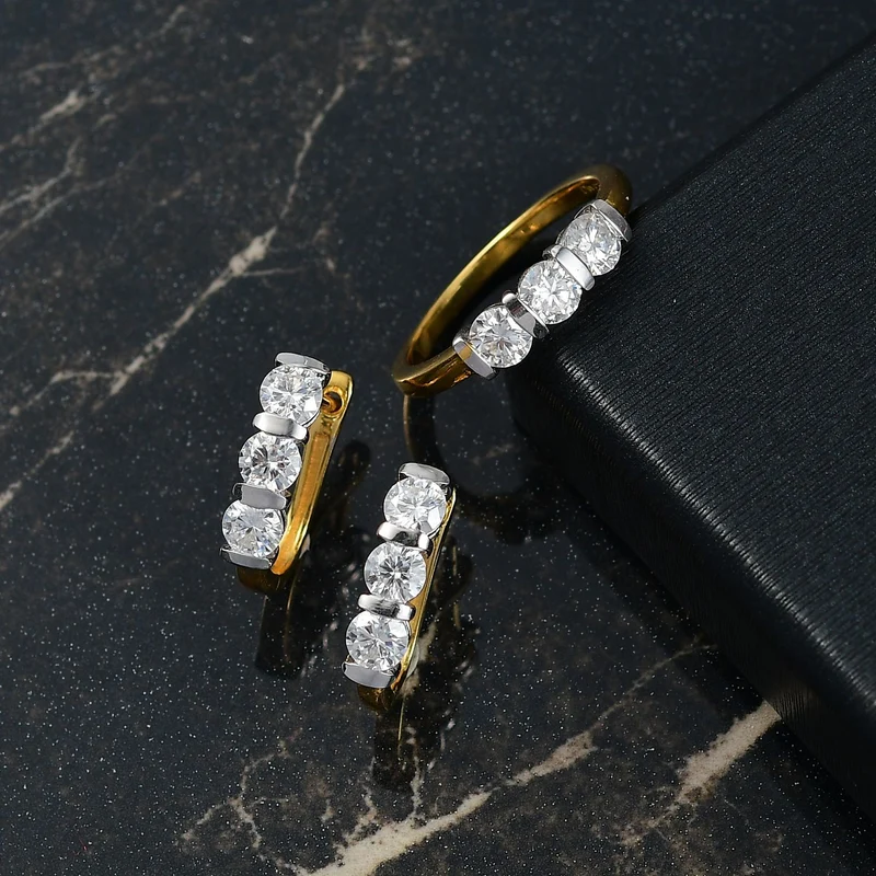 2er Set - Moissanit Ring und Ohrringe, 925 Silber, bicolor, (Größe 19.00) ca. 2,03 ct.