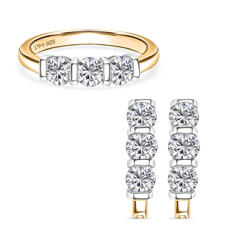 2er Set - Moissanit Ring und Ohrringe, 925 Silber, bicolor, (Größe 19.00) ca. 2,03 ct.