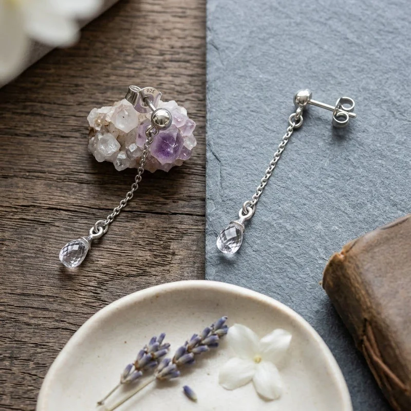 LUXURIANT 1,08 ct. VS-EF Labor Diamant (Briolette-Schliff) Ohrringe, 925 Silber rhodiniert