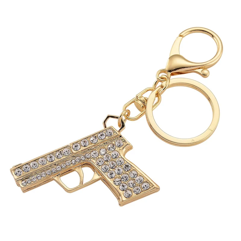 3er-Set emaillierte weiße und mehrfarbige Kristall-Schlüsselanhänger, Pistole, Stiefelette und Oktopus, Legierung in Gelbgold