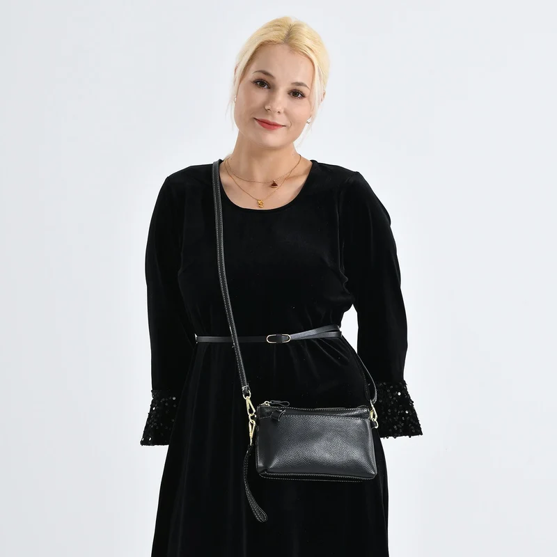 Leder Crossbody Tasche mit mehreren Reißverschlussfächern und verstellbarem Schulterriemen 21.5 x 4 x 13 cm Violett