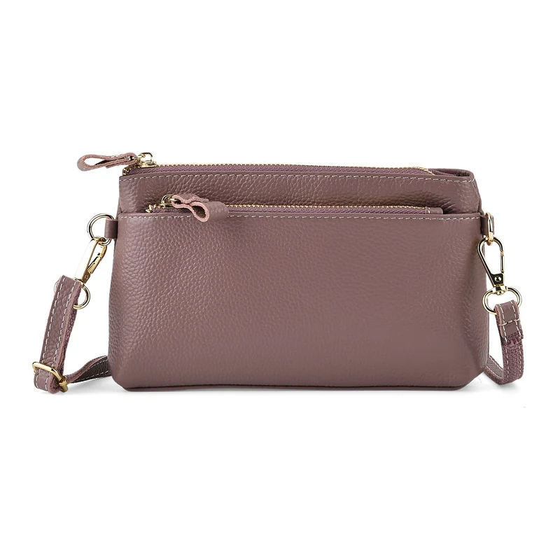 Leder Crossbody Tasche mit mehreren Reißverschlussfächern und verstellbarem Schulterriemen 21.5 x 4 x 13 cm Violett