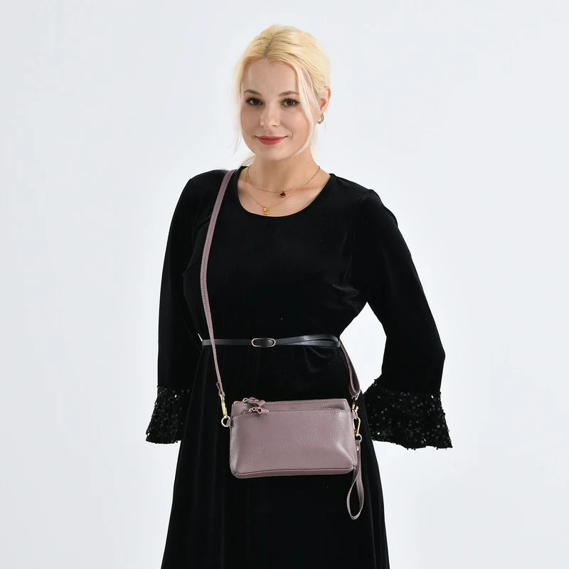 Leder Crossbody Tasche mit mehreren Reißverschlussfächern und verstellbarem Schulterriemen 21.5 x 4 x 13 cm Violett