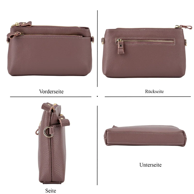 Leder Crossbody Tasche mit mehreren Reißverschlussfächern und verstellbarem Schulterriemen 21.5 x 4 x 13 cm Violett