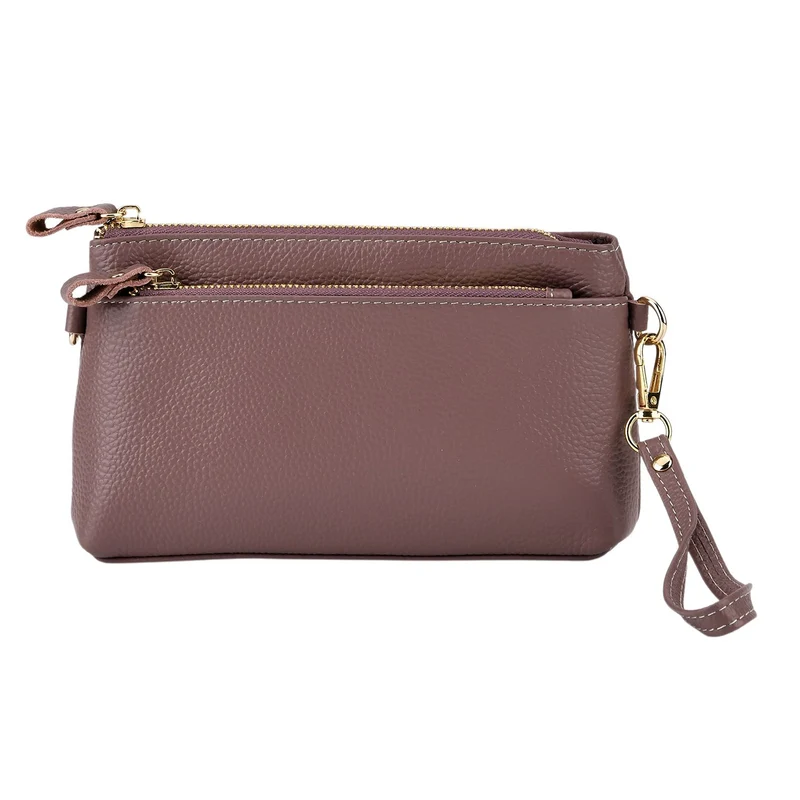 Leder Crossbody Tasche mit mehreren Reißverschlussfächern und verstellbarem Schulterriemen 21.5 x 4 x 13 cm Violett