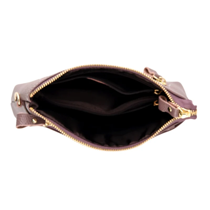 Leder Crossbody Tasche mit mehreren Reißverschlussfächern und verstellbarem Schulterriemen 21.5 x 4 x 13 cm Violett