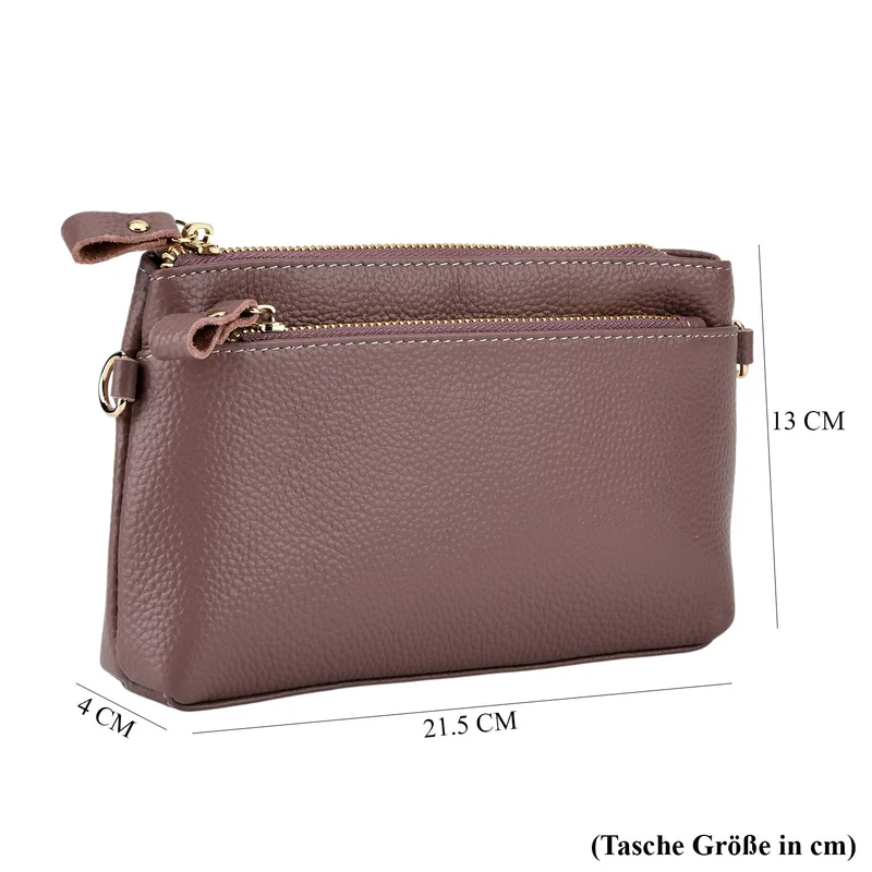 Leder Crossbody Tasche mit mehreren Reißverschlussfächern und verstellbarem Schulterriemen 21.5 x 4 x 13 cm Violett