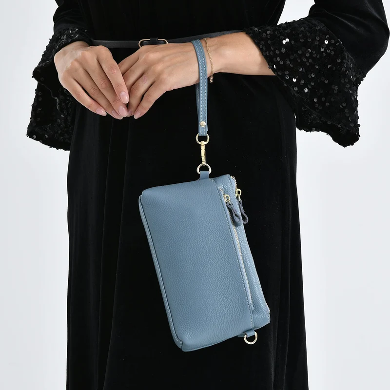 Leder Crossbody Tasche mit mehreren Reißverschlussfächern und verstellbarem Schulterriemen 21.5 x 4 x 13 cm Violett