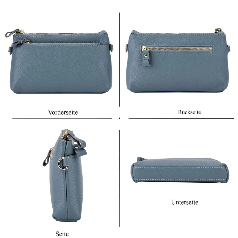Leder Crossbody Tasche mit mehreren Reißverschlussfächern und verstellbarem Schulterriemen 21.5 x 4 x 13 cm Violett
