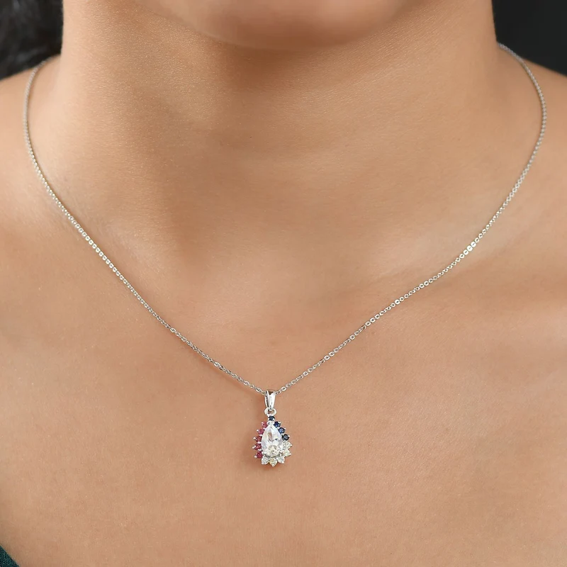 D'joy AAA Premium Malagasy Mondstein, Mehrfarbiger Saphir Cosmic Dewdrop Anhänger mit Kette ca. 50 cm, 925 Silber rhodiniert ca. 1.40 ct