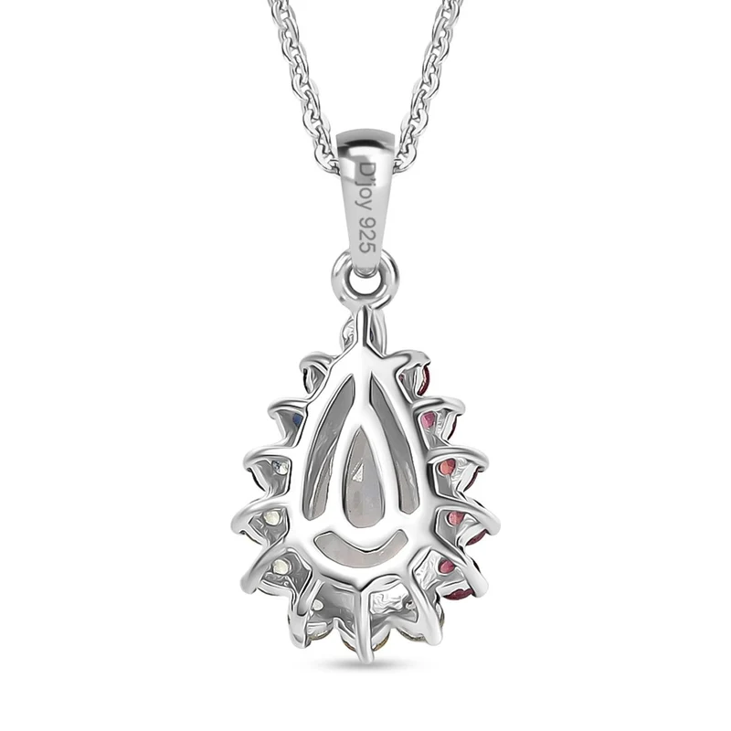 D'joy AAA Premium Malagasy Mondstein, Mehrfarbiger Saphir Cosmic Dewdrop Anhänger mit Kette ca. 50 cm, 925 Silber rhodiniert ca. 1.40 ct