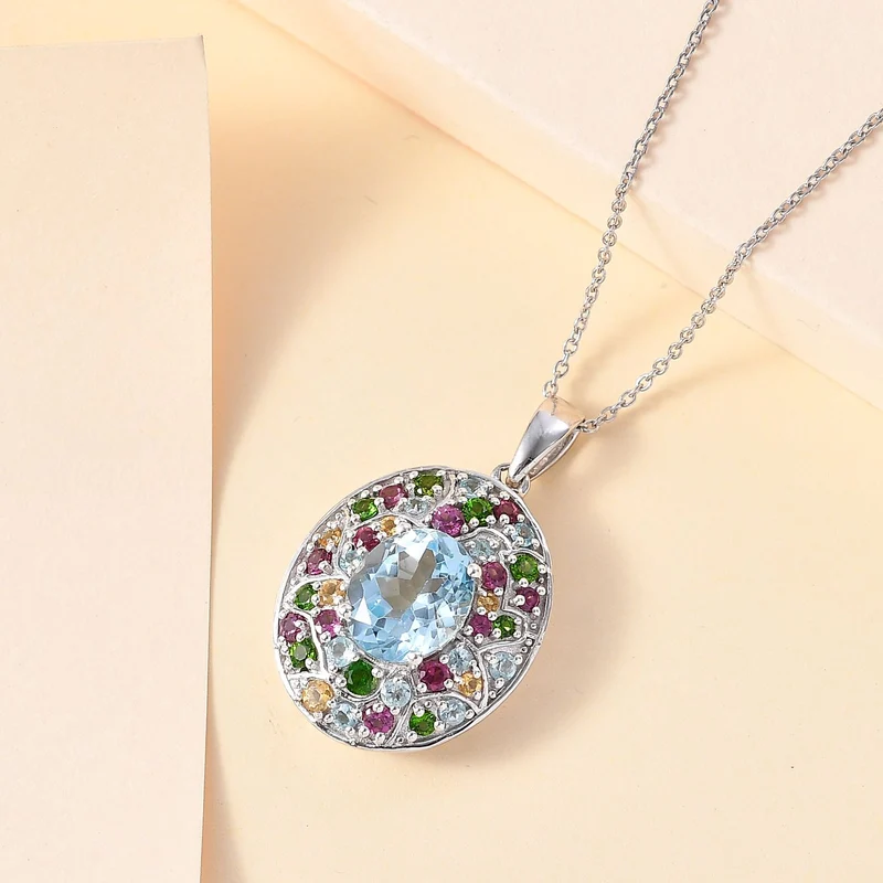 Himmelblauer Topas, Mehrfarbiger Edelstein Anhänger mit Kette ca. 50 cm, 925 Silber rhodiniert ca. 6.34 ct