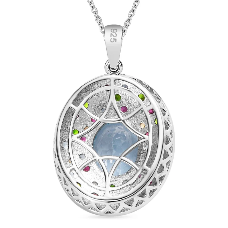 Himmelblauer Topas, Mehrfarbiger Edelstein Anhänger mit Kette ca. 50 cm, 925 Silber rhodiniert ca. 6.34 ct
