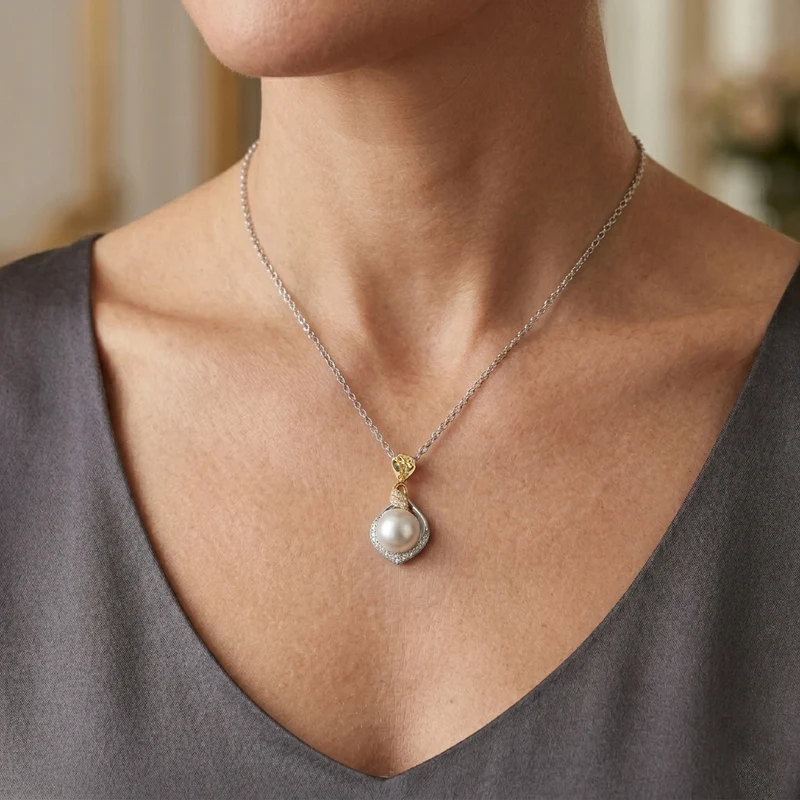 EVER TRUE Süßwasser Perle (9-9.5 mm), Weißer Zirkon Anhänger mit Kette, ca. 50 cm 4.77 ct