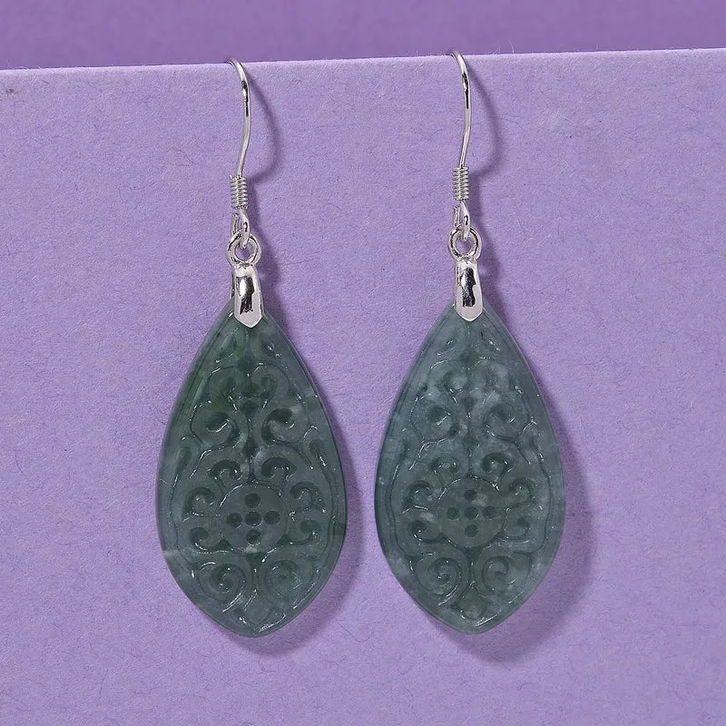 D'Joy Natürlicher Olmek Jadeit Verlangtes Blatt Ohrringe 925 Silber rhodiniert ca. 20.00 ct