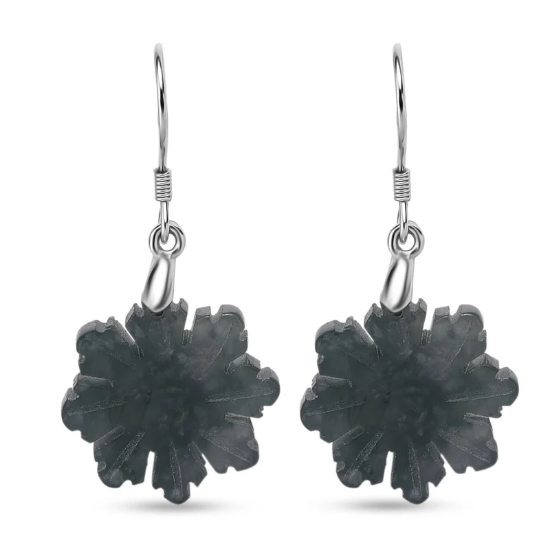 D'Joy Natürlicher Olmek Jadeit Geschnitzte Schneeflocke Ohrringe 925 Silber rhodiniert ca. 20.00 ct