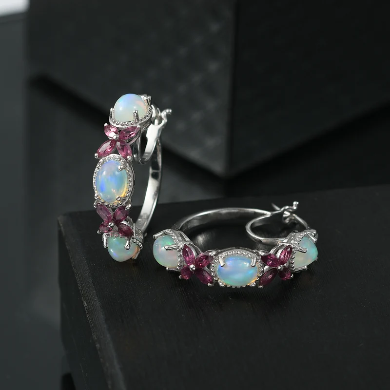Petals of Dawn - D joy Natürlicher, äthiopischer Welo Opal, Rhodolith Granat Ohrringe 925 Silber rhodiniert ca. 5,06 ct.