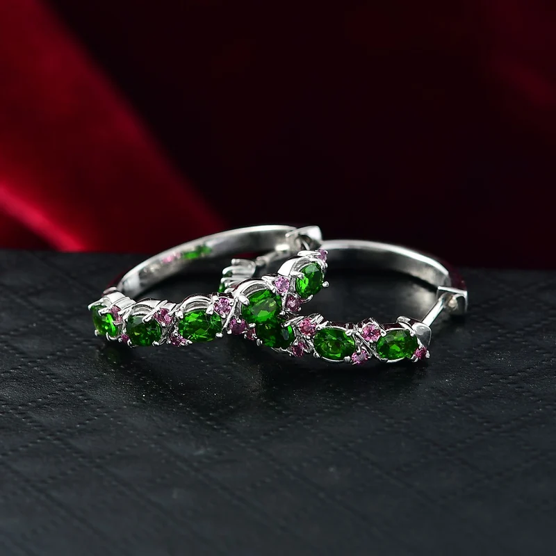 D'joy Natürlicher Chromdiopsid, Natürlicher Rhodolith Granat Ohrringe 925 Silber rhodiniert ca. 2.26 ct