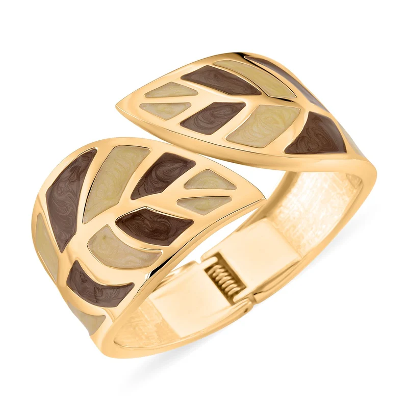 Emaille-Armband in Hellbraun mit goldfarbenem Blattmuster, ca. 17 cm
