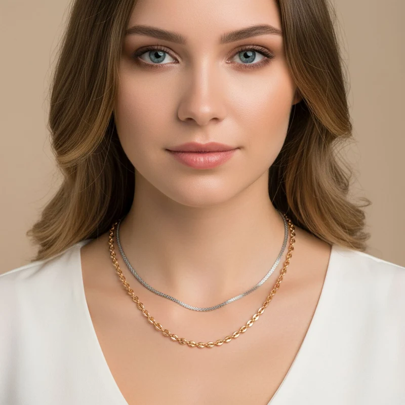 DESIGNER INSPIRIERT - 2er Fancy Ketten Set mit 5 cm Extender, Goldfarben und Silberfarben