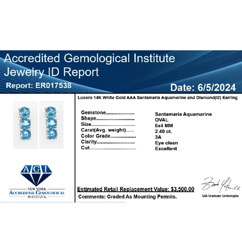 LUXORO zertifizierte und geprüfte AAA Santamaria Aquamarin Trilogie Ohrringe in 585 Weißgold - 2,40 ct. (9-14 Werktage Lieferzeit)
