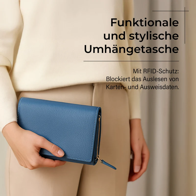 Crossbody-Tasche mit Überschlag und modischem Gliederriemen, Leder, RFID-Schutz, ca. 20x4x14 cm , Blau