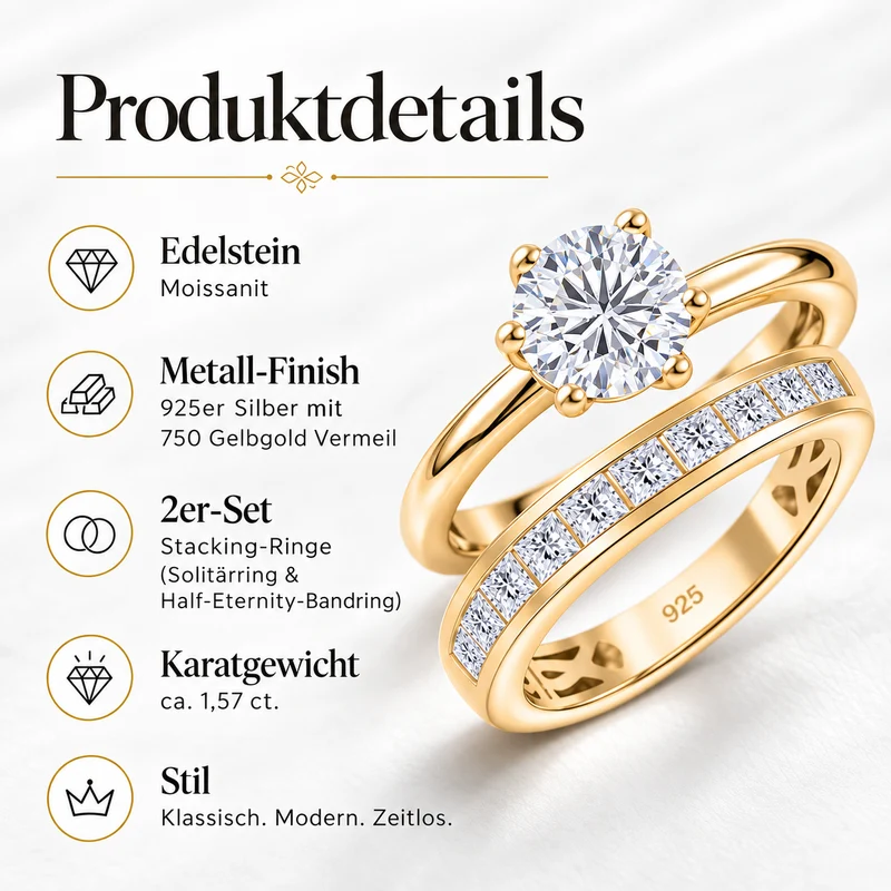 D'Joy 1,57 ct. 2er-Set Moissanit Stacking Ringe, 925 Silber rhodiniert