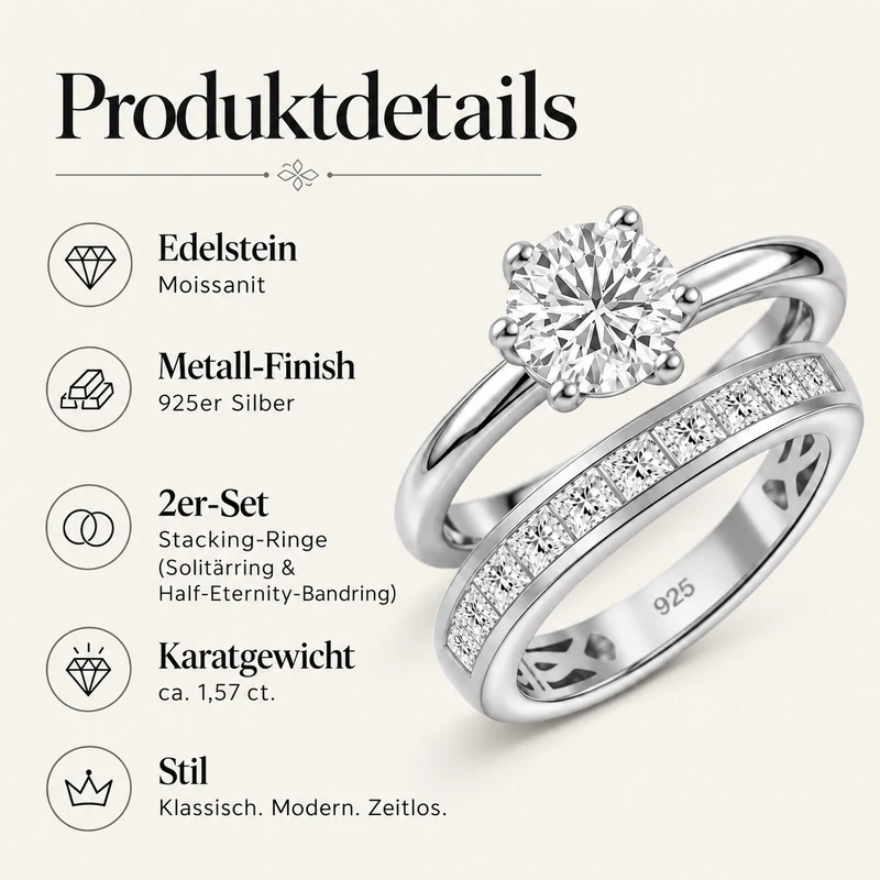 D'Joy 1,57 ct. 2er-Set Moissanit Stacking Ringe, 925 Silber rhodiniert