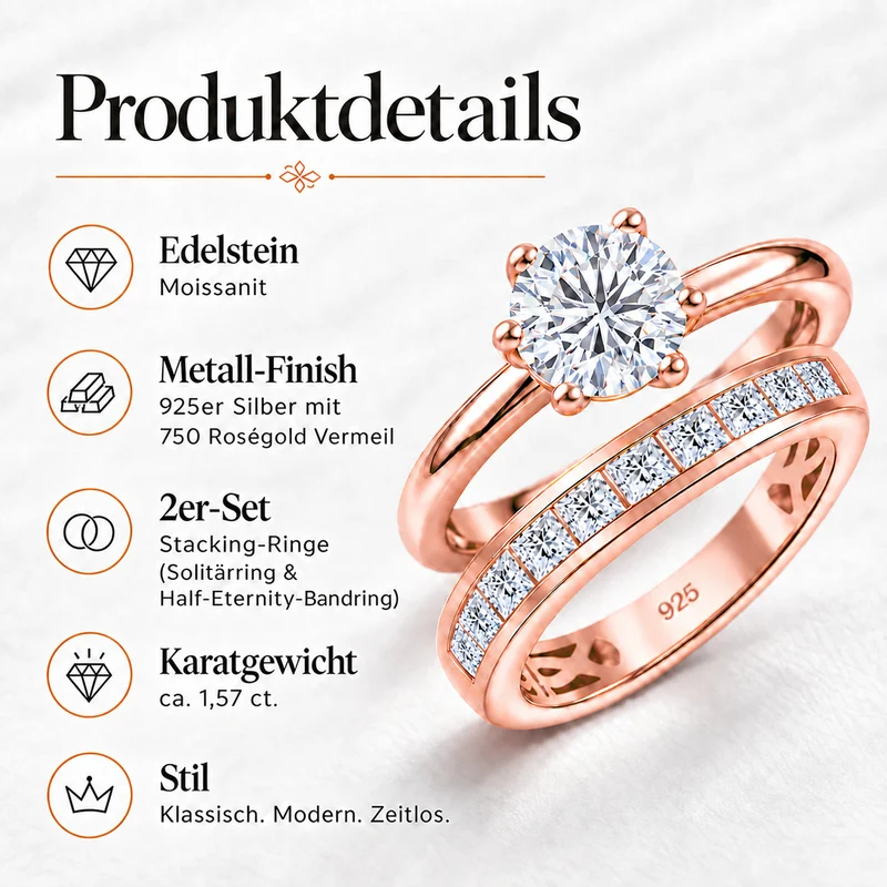 D'Joy 1,57 ct. 2er-Set Moissanit Stacking Ringe, 925 Silber rhodiniert