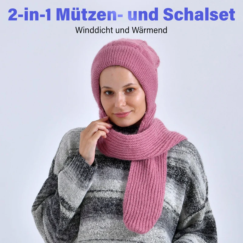 Mützen- und Schal-Set - Beanie und Schal im einfarbigen Design, Winddicht und Wärmend, Mütze: 22 cm, Schal: 83 cm, Rosa