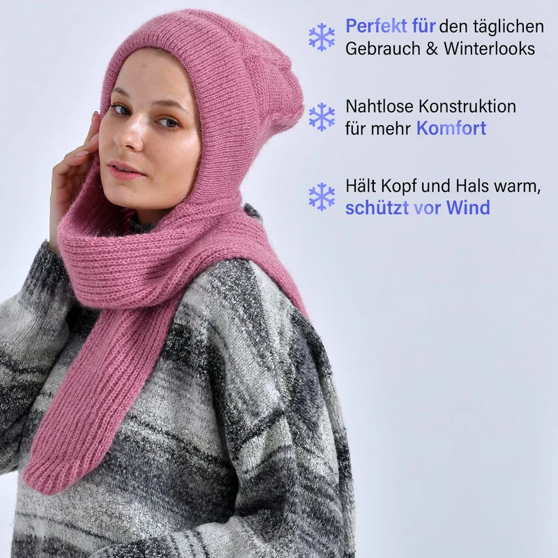 Mützen- und Schal-Set - Beanie und Schal im einfarbigen Design, Winddicht und Wärmend, Mütze: 22 cm, Schal: 83 cm, Rosa