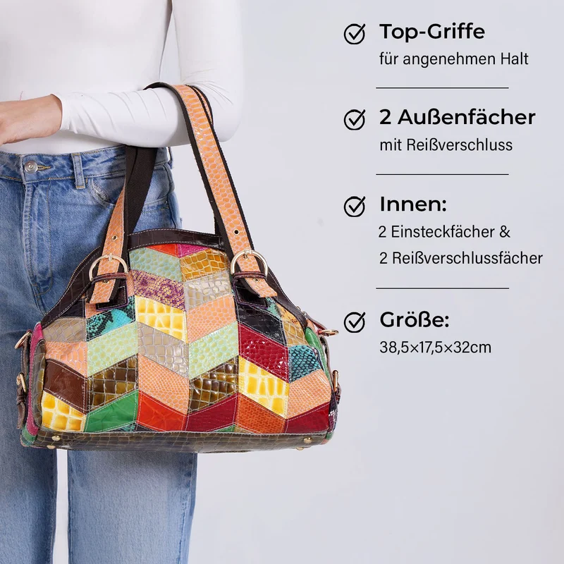 Chaos by Elsie - Umhängetasche aus Echtleder mit Mini-Taschenlampe, 3D-Würfelmuster, RFID-Schutz, ca. 38x17x32 cm