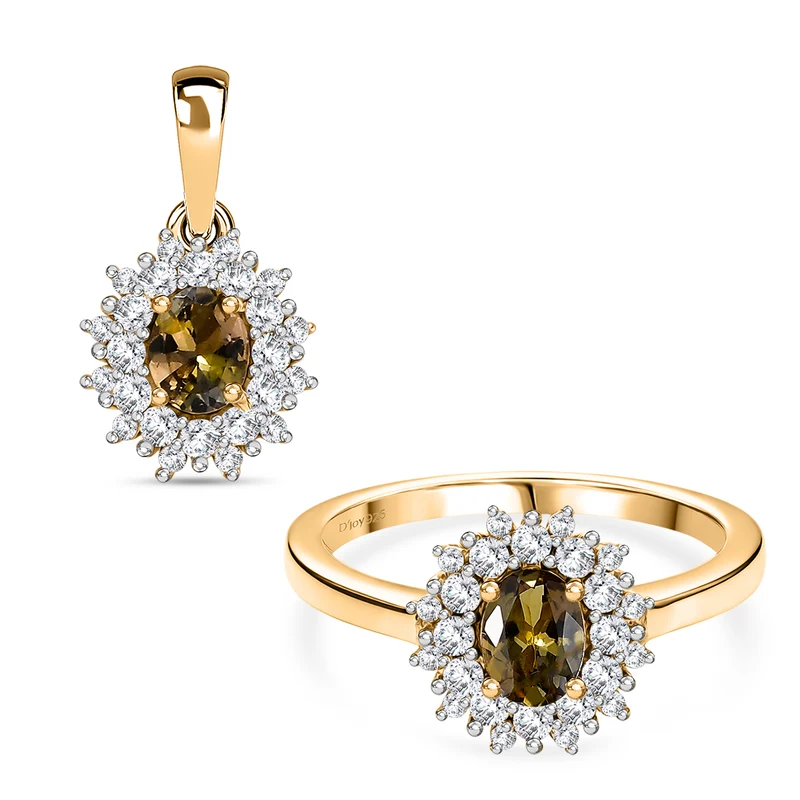 D'Joy AA Natürlicher goldener Tansanit Schmuckset 925 Silber 750 Gelbgold Vermeil (Größe 20) ca. 1,53 ct.