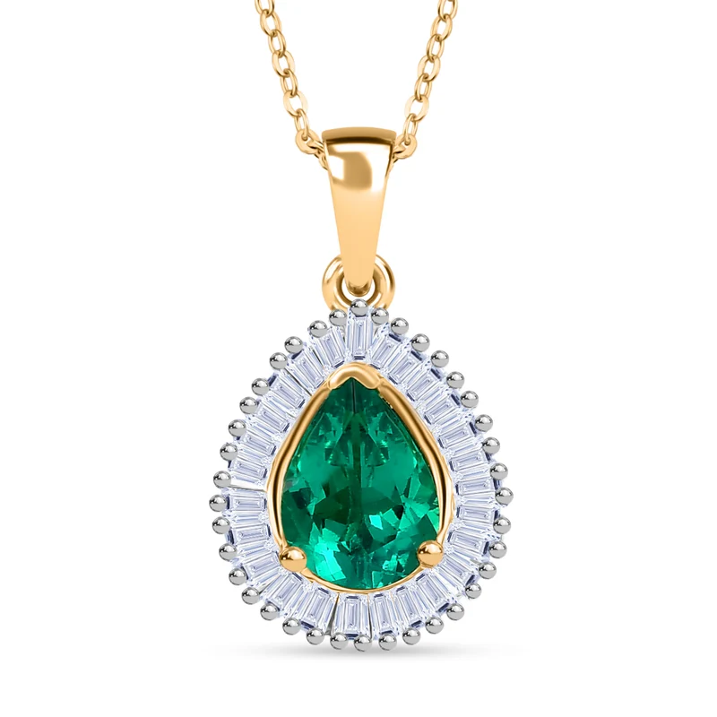 LUXURIANT AAA Labor kolumbianischer Smaragd und Labor Diamant Anhänger mit 50cm Kette, 925 Silber 750 Gelbgold Vermeil - 1,57 ct.