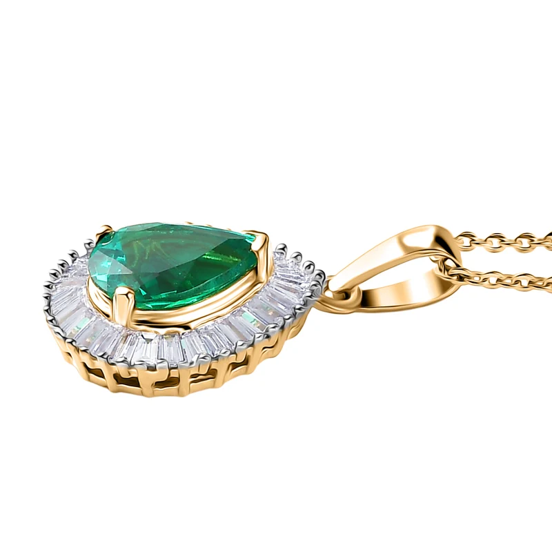 LUXURIANT AAA Labor kolumbianischer Smaragd und Labor Diamant Anhänger mit 50cm Kette, 925 Silber 750 Gelbgold Vermeil - 1,57 ct.
